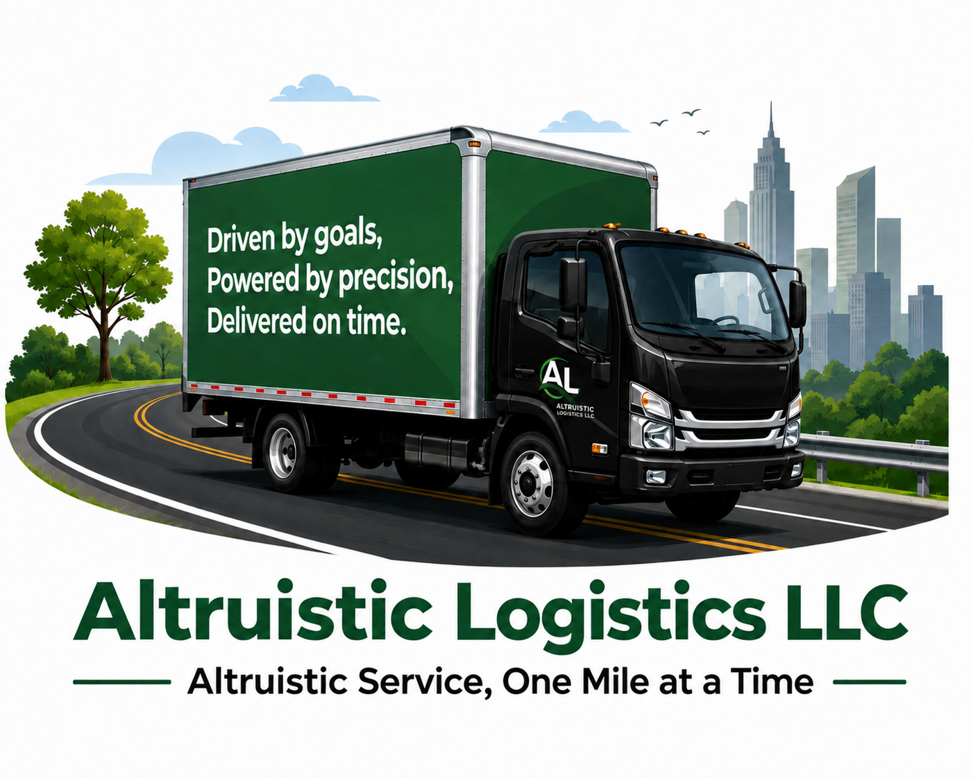 Altruistic Logistics box truck traveling toward a city